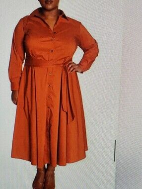 PARI PASSU NWT BAG. BELTED SHIRT DRESS. SZ B7(PLUS PEAR SHAPE 24). RUST. BUTTON